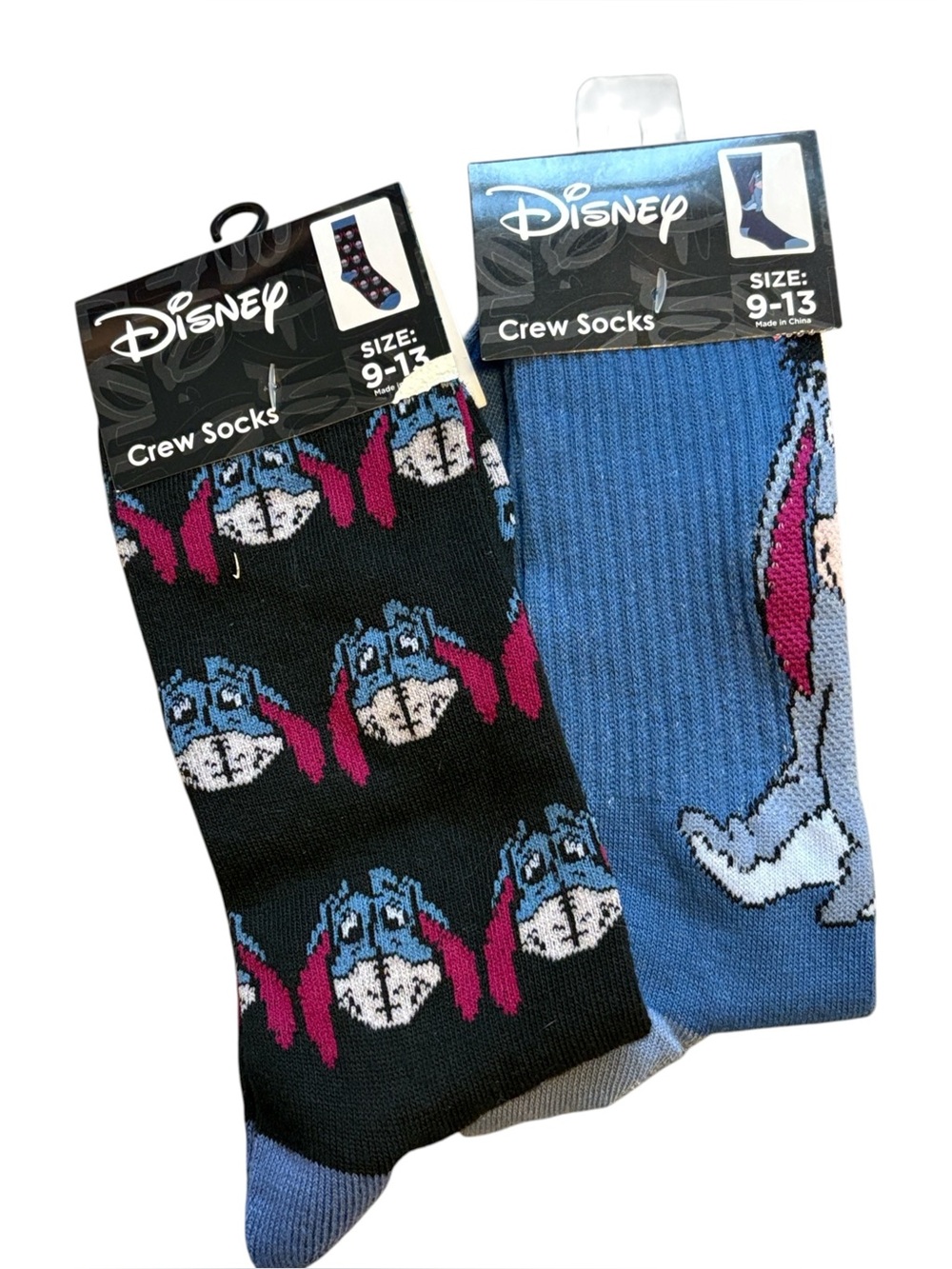 Disney Eeyore Crew Socks Set of 2 Black Blue Unisex Size 9-13 New